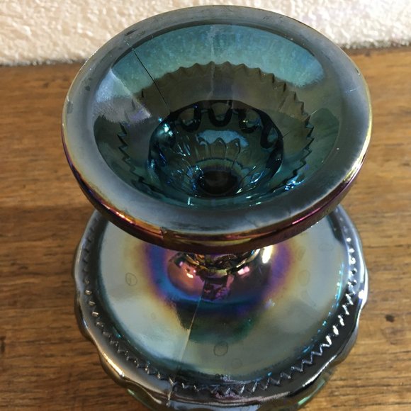 Kings Crown Blue Iridescent Carnival Glass Pedestal Candy Dish - Picture 8 of 10